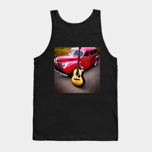 An Acoustic Guitar Standing In Front Of A 1940’s Red Colored Car. Tank Top